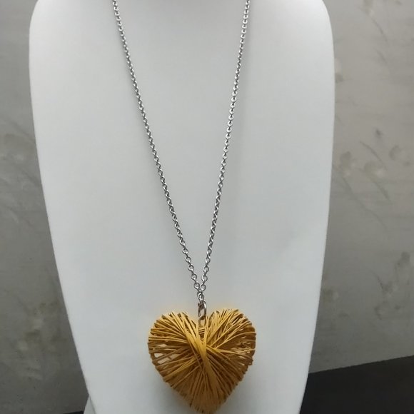 Yellow Enamel Paint Coated Wire Puff Heart Pendant and 32 - 34" Chain - Picture 2 of 5
